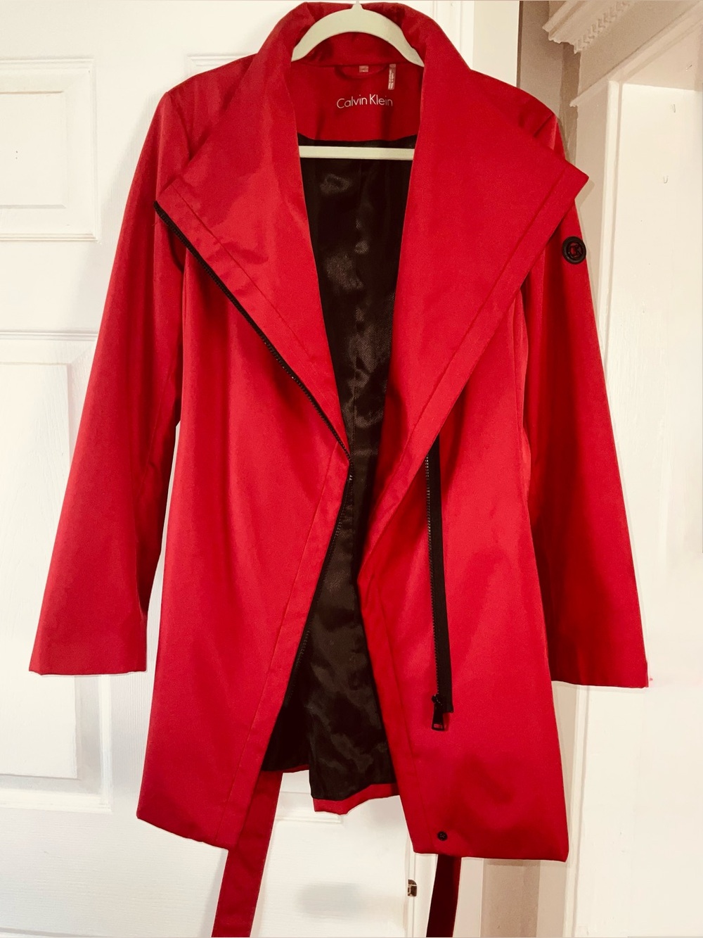 Calvin Klein Red Asymmetrical Zip Trench Coat